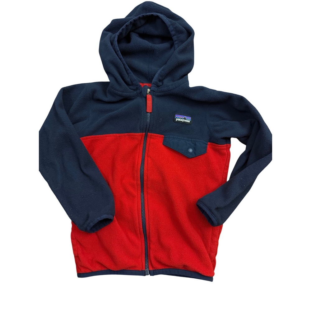 Patagonia Micro D Hooded Fleece Jacket Kids 4T Red Navy Blue Colorblock